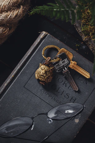 A vintage brass key resting atop an aged leather-bound book, bathed in soft afternoon light.