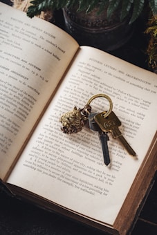 An open book lies on a dark surface with a set of ornate keys resting on one of the pages. Next to the book is a pot of ferns, partially visible. The book's text mentions topics related to writing and communication.