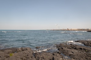 A rocky shoreline with waves crashing against the dark, jagged rocks. Wind turbines appear in the background, situated along the coastline. The sky is clear with a pale blue hue, and there are a few buildings visible in the distance.