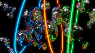 An abstract digital composition featuring a series of reflective, multifaceted spheres with multicolored highlights. Bright, luminous lines in blue, orange, and green curve across the scene, creating a dynamic interplay between light and dark.
