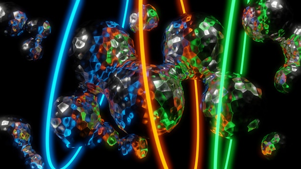 An abstract digital composition featuring a series of reflective, multifaceted spheres with multicolored highlights. Bright, luminous lines in blue, orange, and green curve across the scene, creating a dynamic interplay between light and dark.