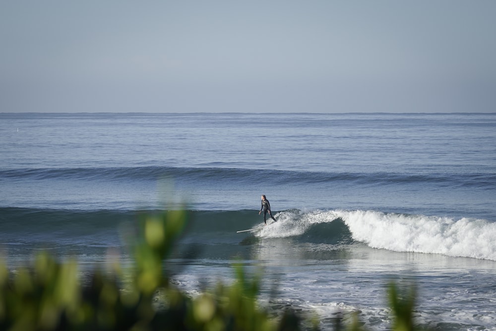 a man riding a wave on top of a surfboard