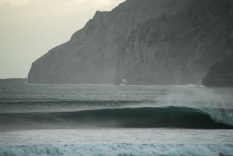 Dynamic ocean waves crashing against a rocky coastline under a cloudy sky.