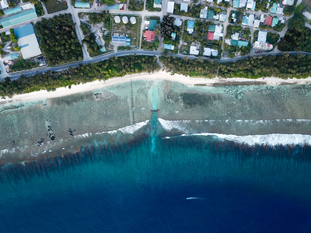 a bird's eye view of a beach and ocean