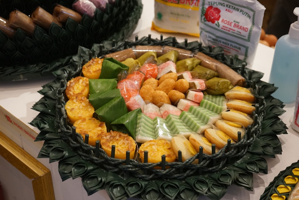 a platter of food is displayed on a table