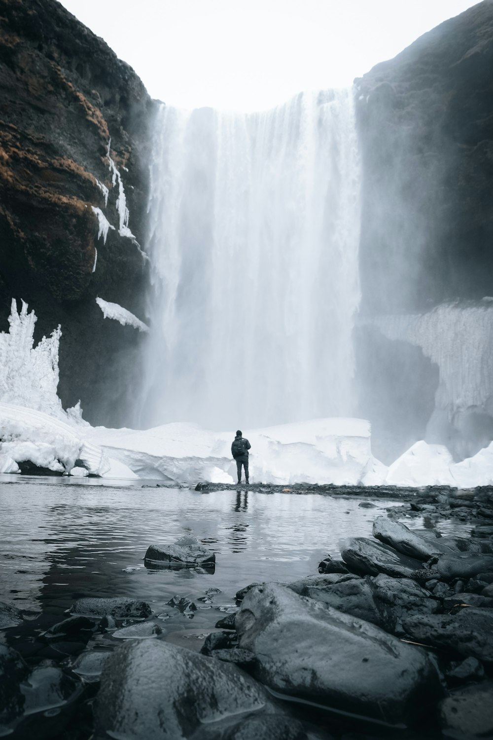 a man standing in front of a waterfall