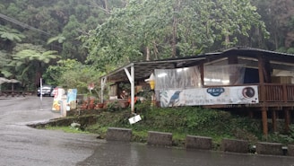 A small rustic café is situated at the edge of a lush forest. The structure is partially open, with a roofed area supported by wooden beams and transparent plastic sheets acting as walls. Several potted plants are displayed in front of the café. There's a banner with text and an image of a bird attached to the café. The surrounding area is wet, indicating recent rainfall, and a few benches are visible to the side. A road curves around in front of the café, with a parked car further down the road.