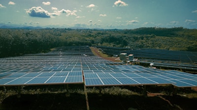 a large solar farm with many rows of solar panels