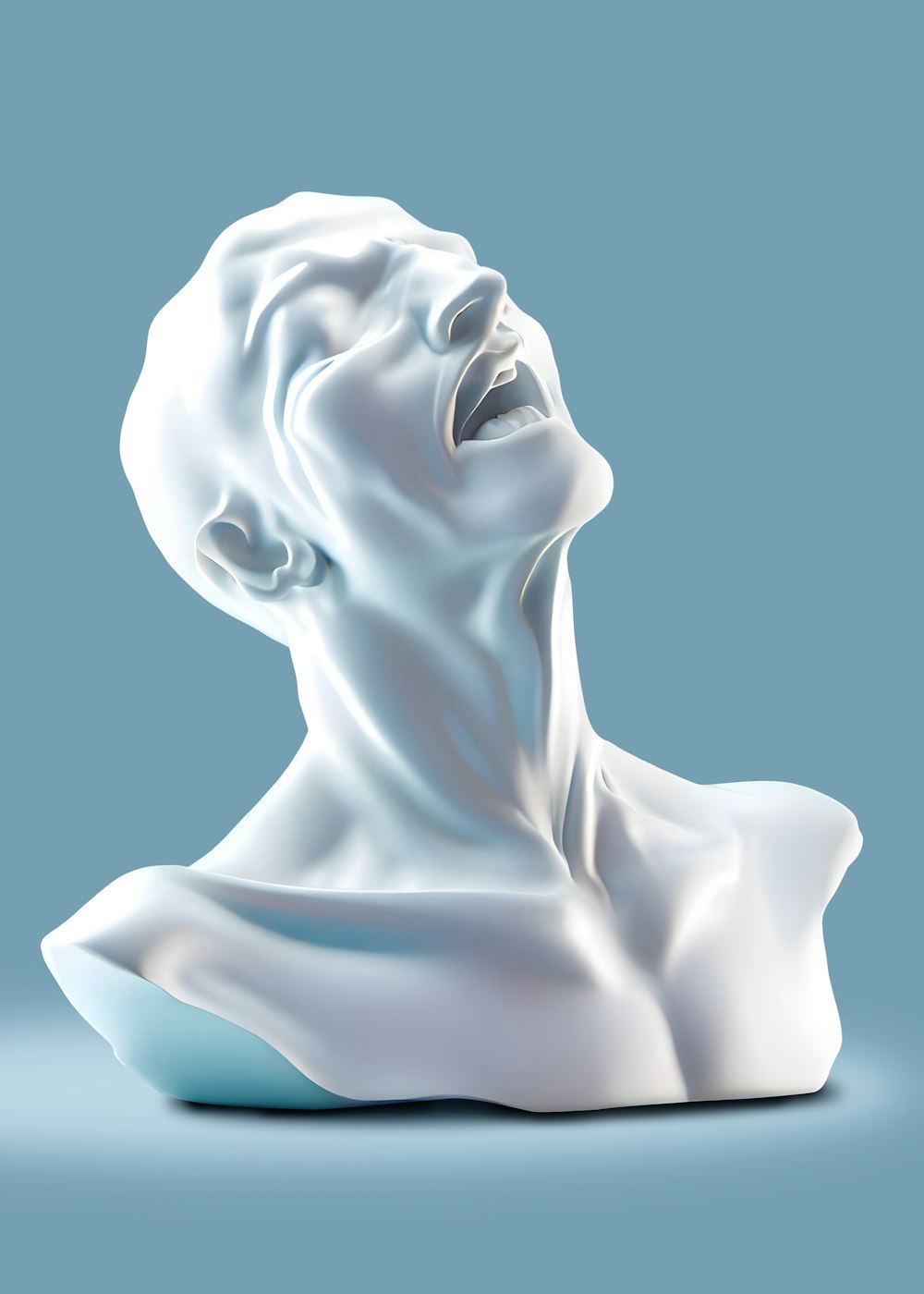 uma escultura branca de um homem com a boca aberta