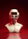 A futuristic sculpture of a humanoid bust with a smooth metallic finish. The head is designed like a retro robot with a rectangular visor and twin circular eyes, set against an intense red gradient background.