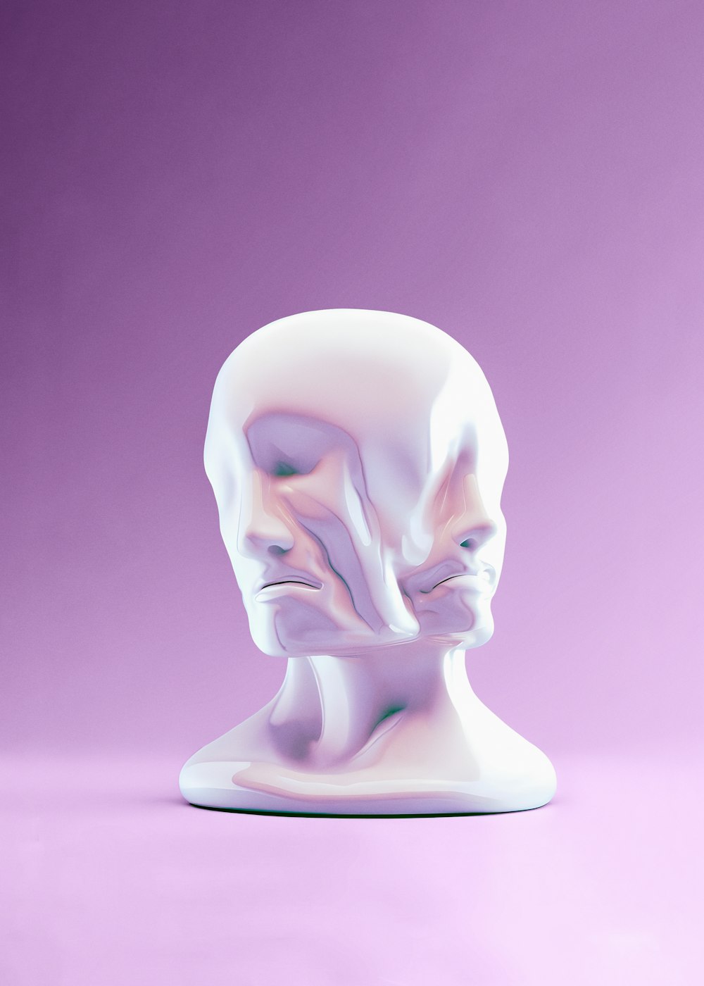 a white sculpture of a human head on a purple background