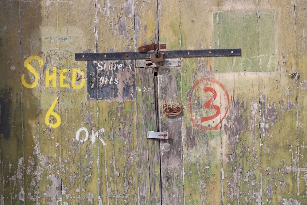 a wooden door with a sign on it