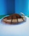 A wooden platform holds a mound of brown granular material, likely coffee grounds. A decorative wheat stem is placed on the right side. The background is a gradient of blue and green, providing a clean and vibrant contrast.