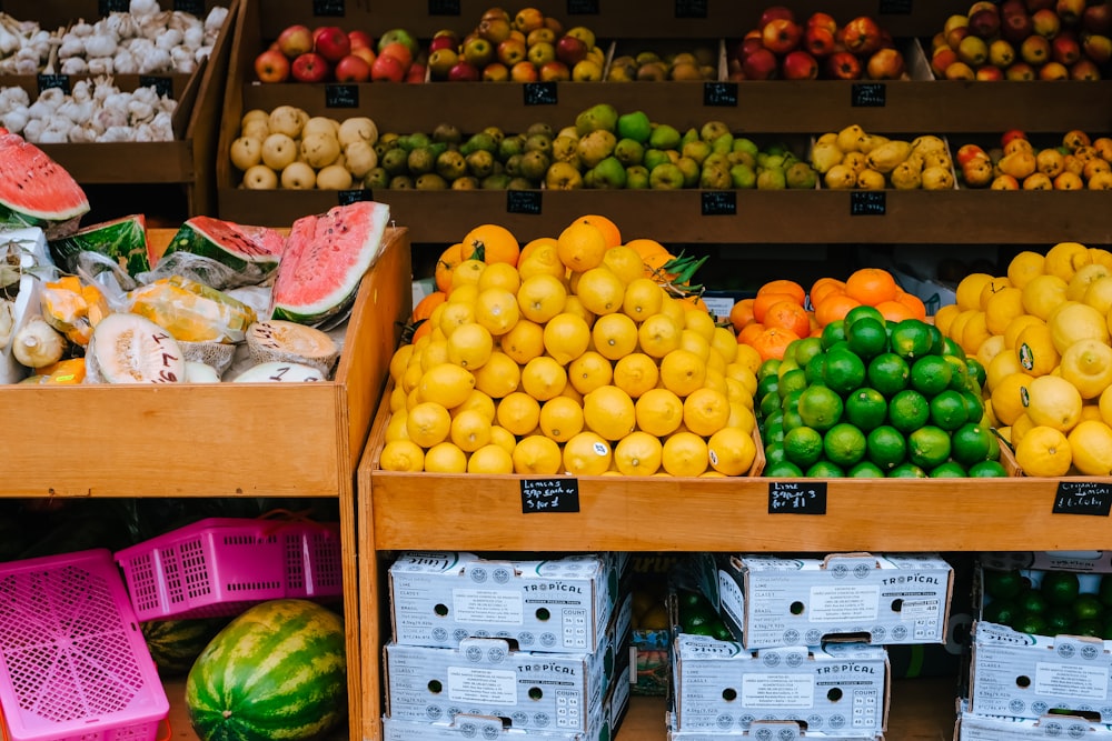 a variety of fruits and vegetables are on display