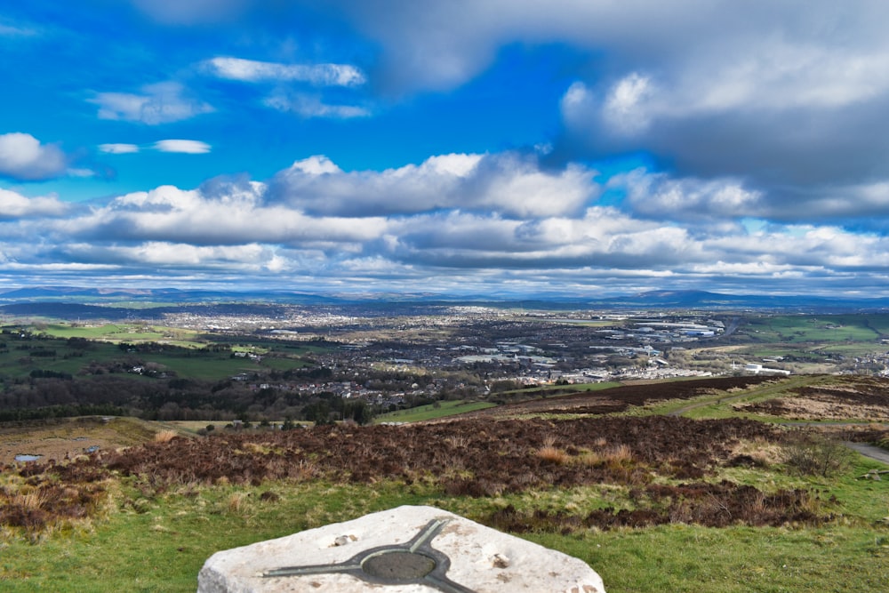 a rock sitting on top of a lush green hillside