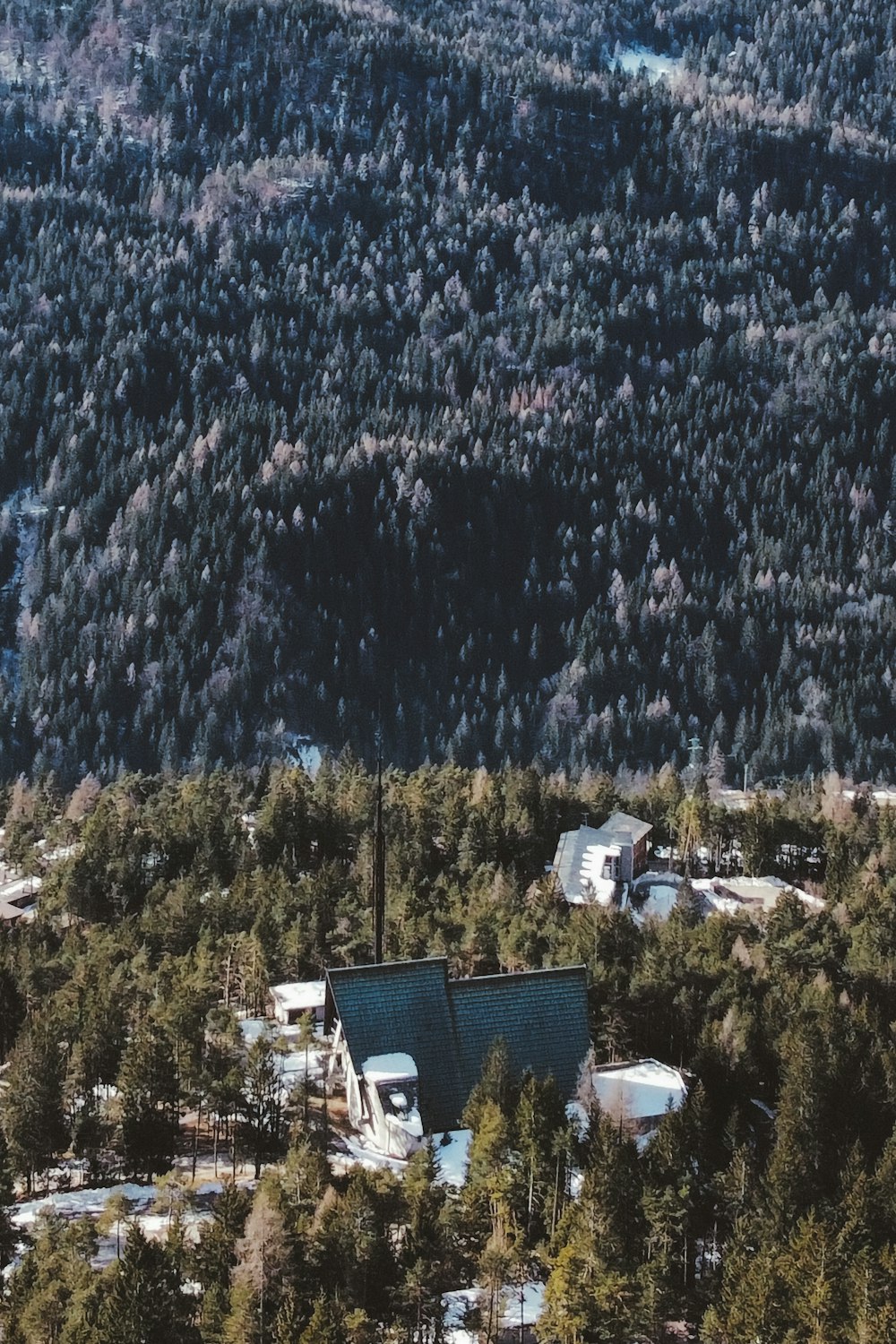 a plane flying over a forest covered hillside