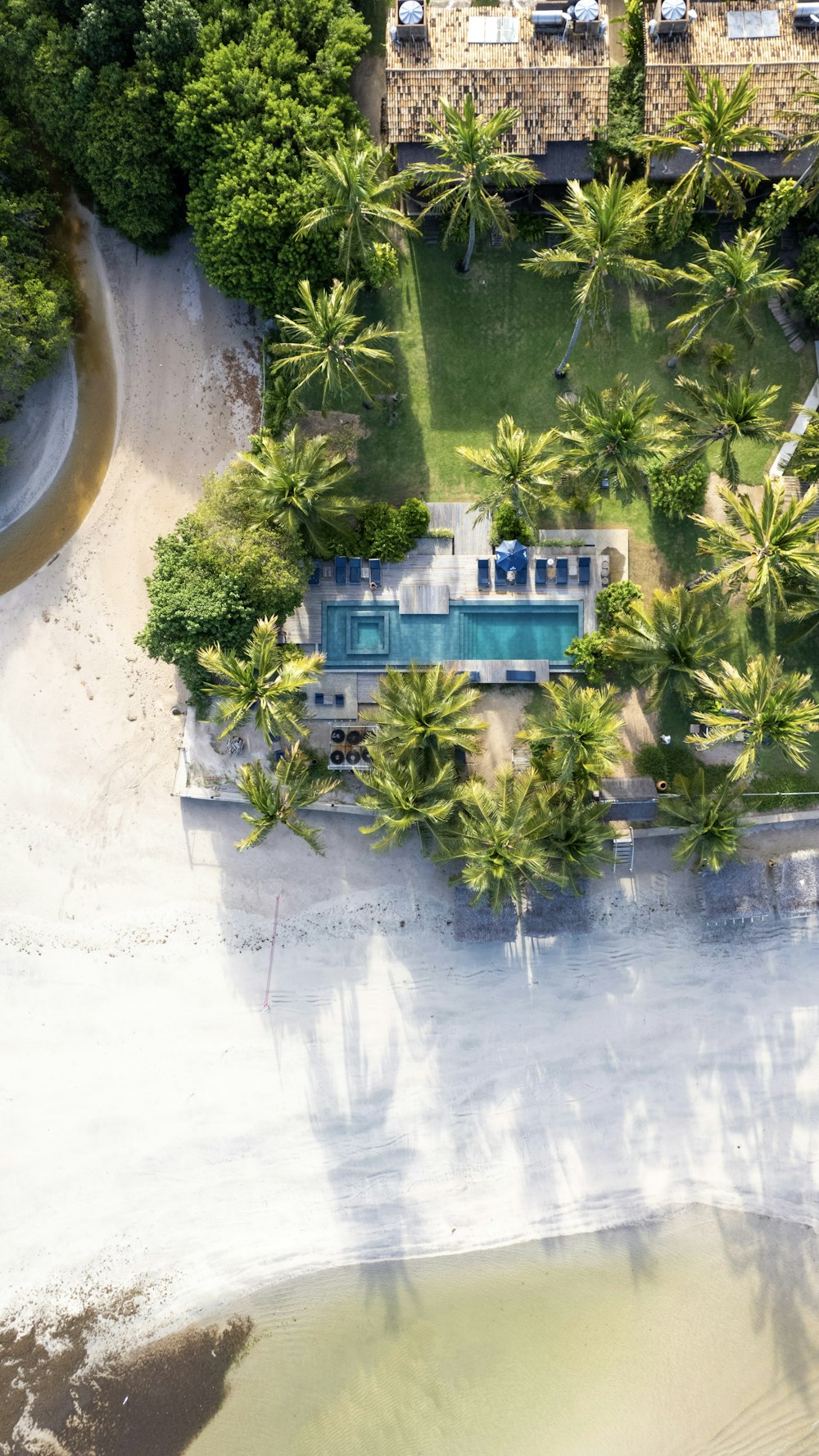 an aerial view of a house surrounded by palm trees