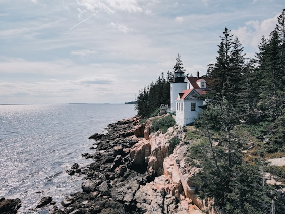 Exterior view of The Crooked Lighthouse vacation home nestled among tall pines under a bright blue sky.