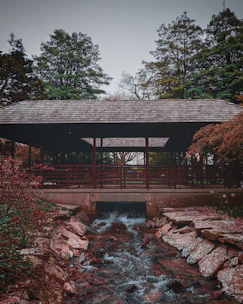 A serene wetland landscape with native plants and a breathable wooden pavilion blending into the environment.