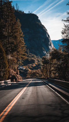 A serene mountain road winding through misty hills under a clear sky.