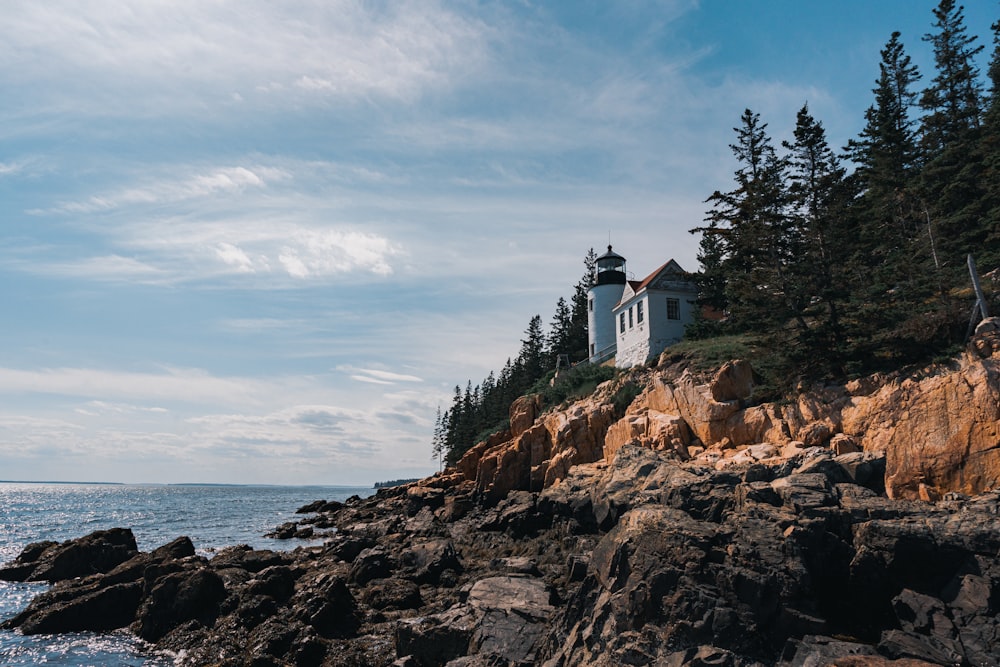 a lighthouse on a rocky shore near the ocean