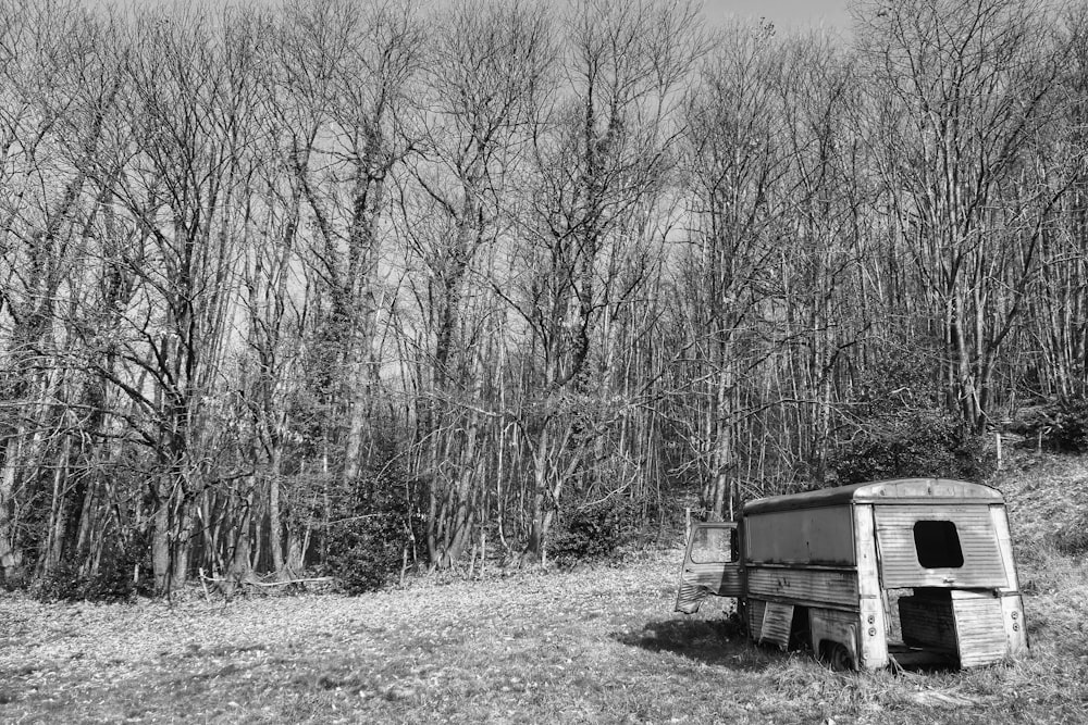 a black and white photo of an outhouse in the woods