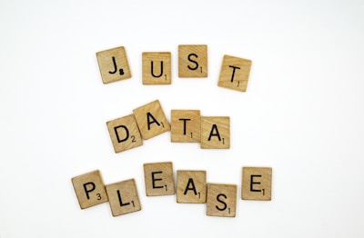 Wooden letter tiles resembling those from a word game are arranged to spell out the phrase 'JUST DATA PLEASE' on a plain white background. The tiles have black letters and numbers indicating point values.