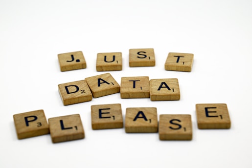 Wooden Scrabble tiles spell out the phrase 'JUST DATA PLEASE' on a white background. Each tile displays a letter with a point value in the corner, typical of the game Scrabble.
