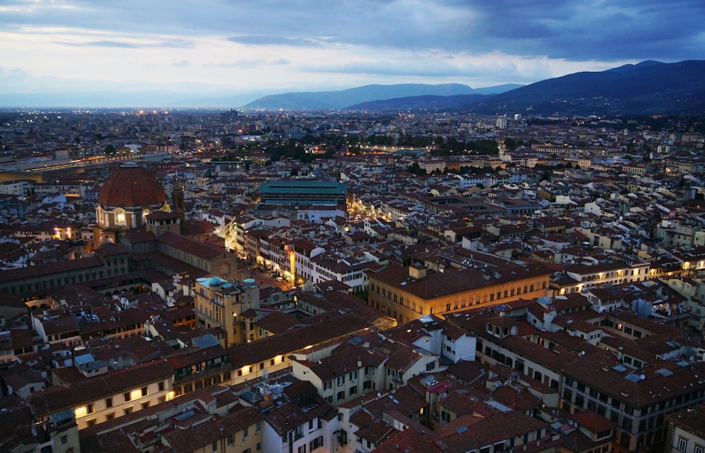 an aerial view of a city at night