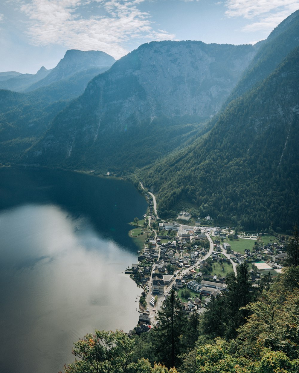 a lake surrounded by mountains and a town