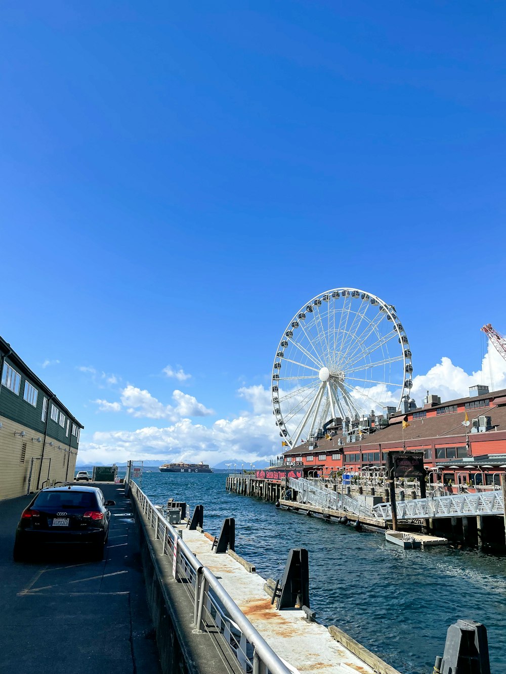 a large ferris wheel sitting next to a pier