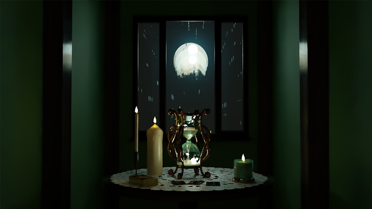 A serene image of Dyamanna Laxman Miskle consulting ancient astrological charts under soft candlelight.