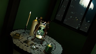 A dimly lit room with a small round table draped with a lace tablecloth. On the table, there is an antique hourglass, tarot cards, a burning candle, and a stack of cards. A window behind reveals a night sky with a full moon and tree silhouettes.