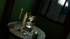 A dimly lit room with a small round table draped with a lace tablecloth. On the table, there is an antique hourglass, tarot cards, a burning candle, and a stack of cards. A window behind reveals a night sky with a full moon and tree silhouettes.