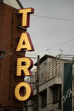 A vertical, illuminated sign displaying the letters 'TARO' in bold, serif font with integrated marquee lights is attached to a brick wall. The sign is positioned against an urban backdrop, featuring parts of buildings and a cloudy sky.