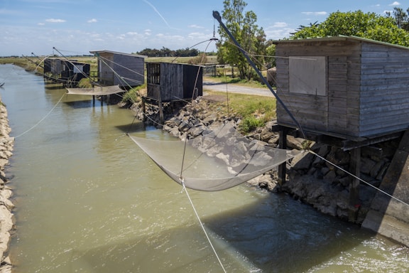 Several wooden fishing huts are situated alongside a calm canal, each equipped with large nets suspended over the water. The huts are elevated on stilts and connected by ropes that hold the fishing nets. The scenery includes grassy areas, trees, and a clear blue sky.