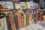 A display window featuring a collection of vintage books with ornate covers, surrounded by small figurines of cartoon characters. The books are arranged in a visually appealing manner, with some lying flat and others standing upright. Framed pictures and other decorative items are interspersed among the books, adding to the eclectic and nostalgic vibe.