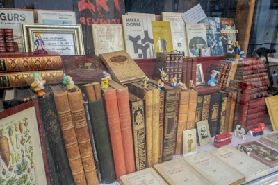 An elegant display of book nooks and collectible mini worlds arranged on wooden shelves with golden matte details.