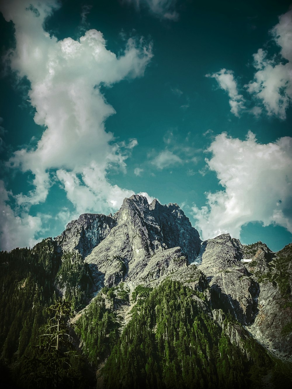 a mountain range with trees and clouds in the background