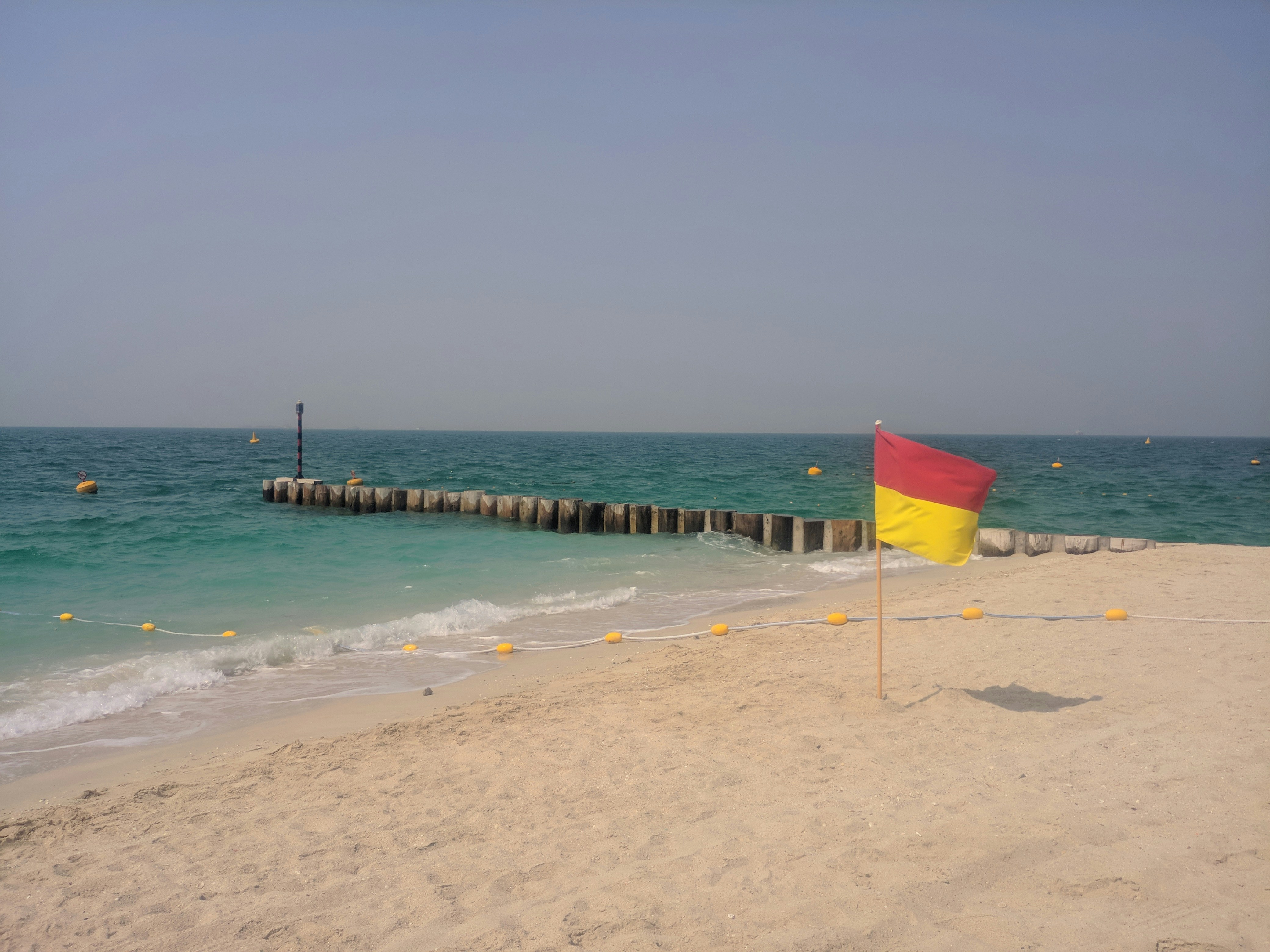 a flag on a beach next to the ocean