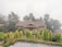 A modern house with a sloped roof sits surrounded by tall trees and lush greenery. The area is shrouded in mist, creating a serene and tranquil atmosphere. The foreground features a well-maintained garden with small trees and shrubs.