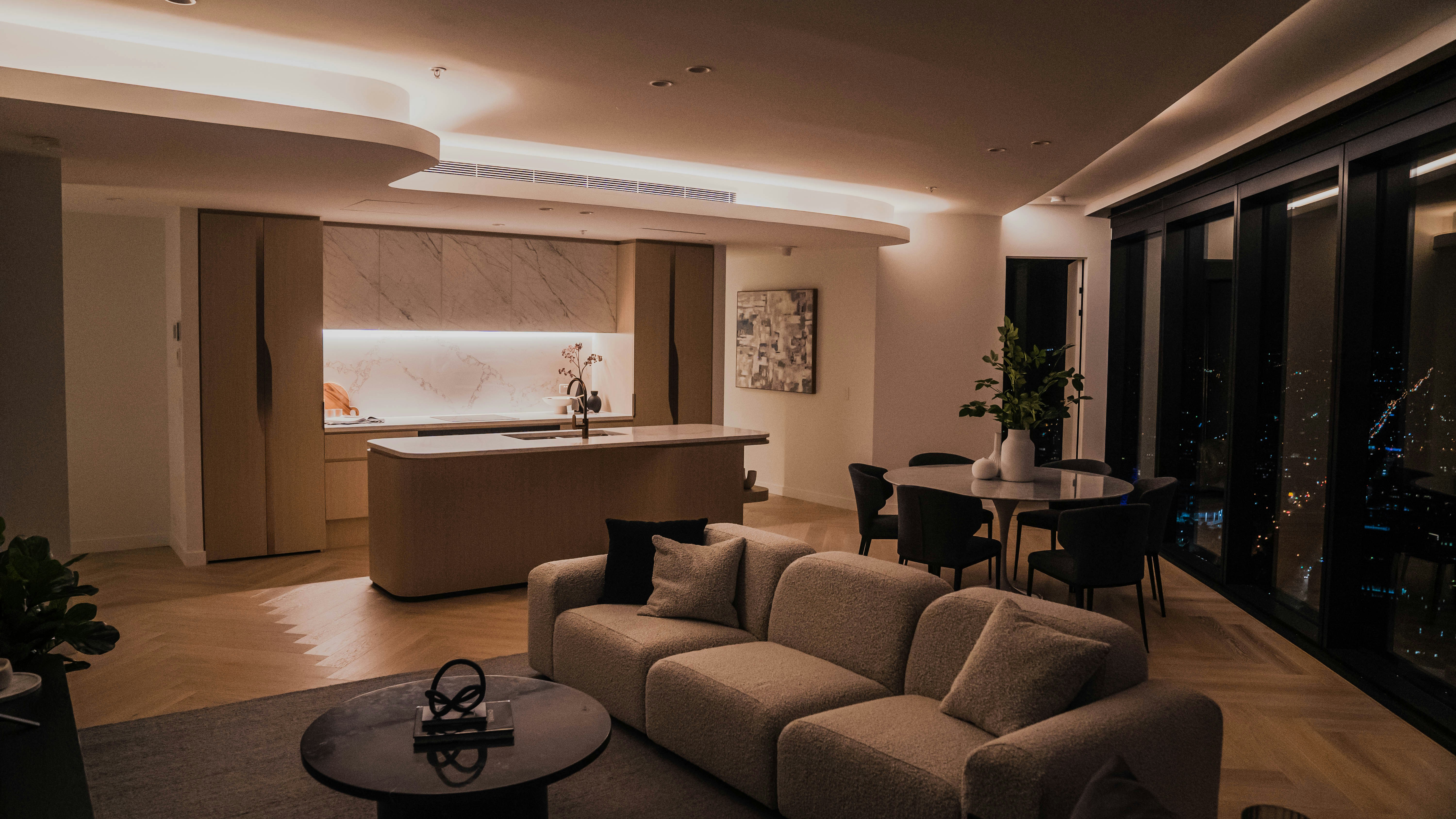 Luxury boutique interior with living room and kitchen