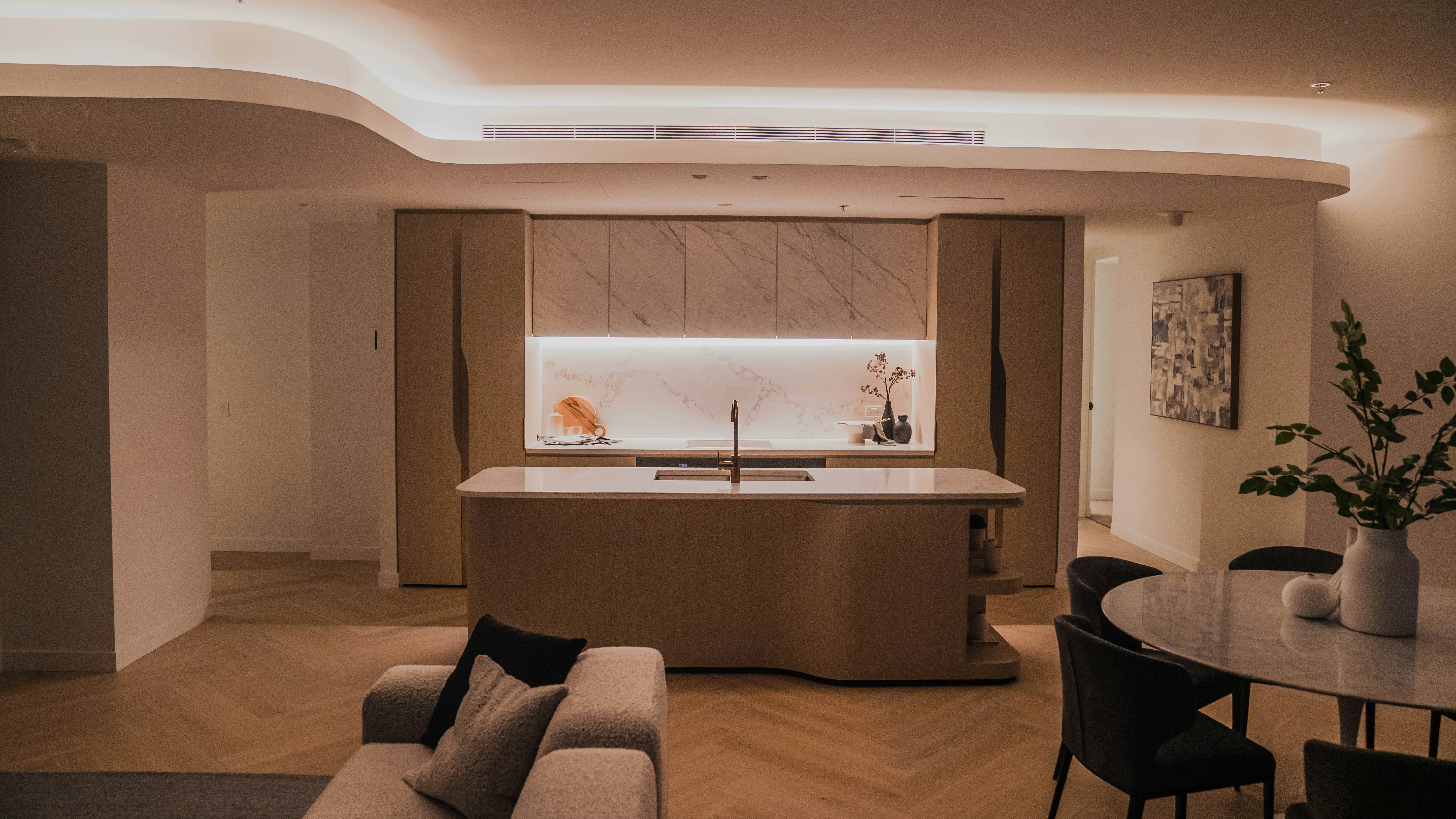 Recessed strip led lighting in modern living room