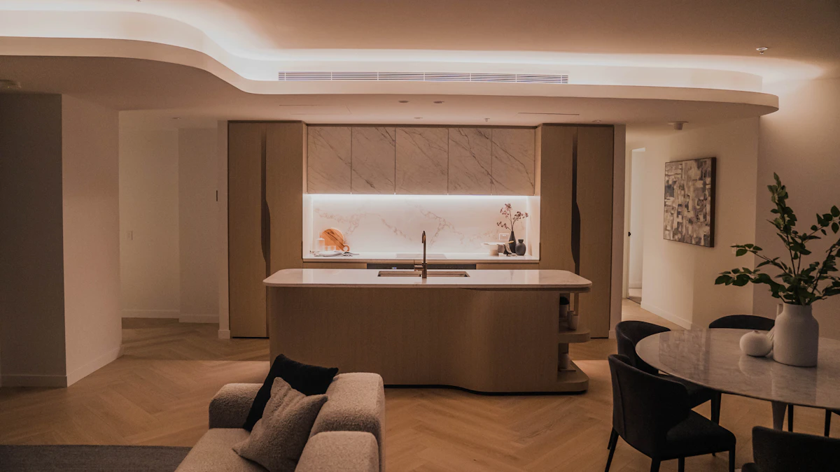 Luxury interior with warm automated cove lighting and marble finishes