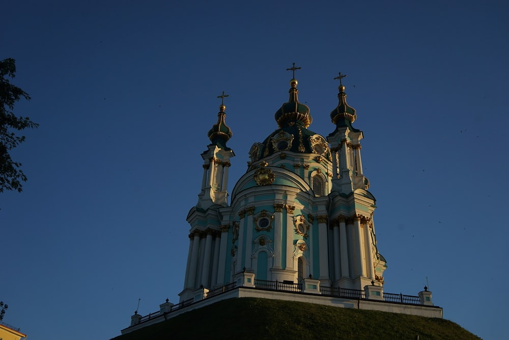 a church steeple against a blue sky