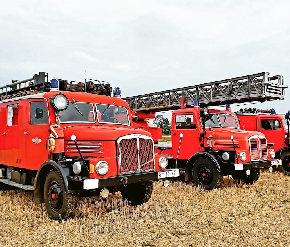 a row of fire trucks parked in a field