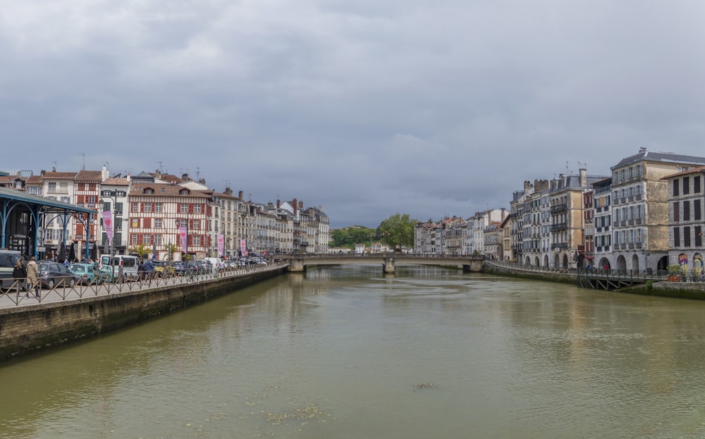 a river running through a city next to tall buildings