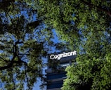A building with the word 'Cognizant' prominently displayed on it is framed by green tree leaves. The sky is a clear blue, creating a contrast against the foliage and the building.