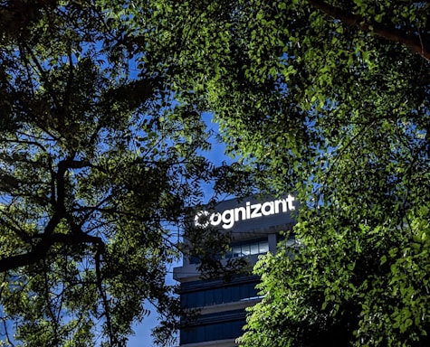 A building with the word 'Cognizant' prominently displayed on it is framed by green tree leaves. The sky is a clear blue, creating a contrast against the foliage and the building.