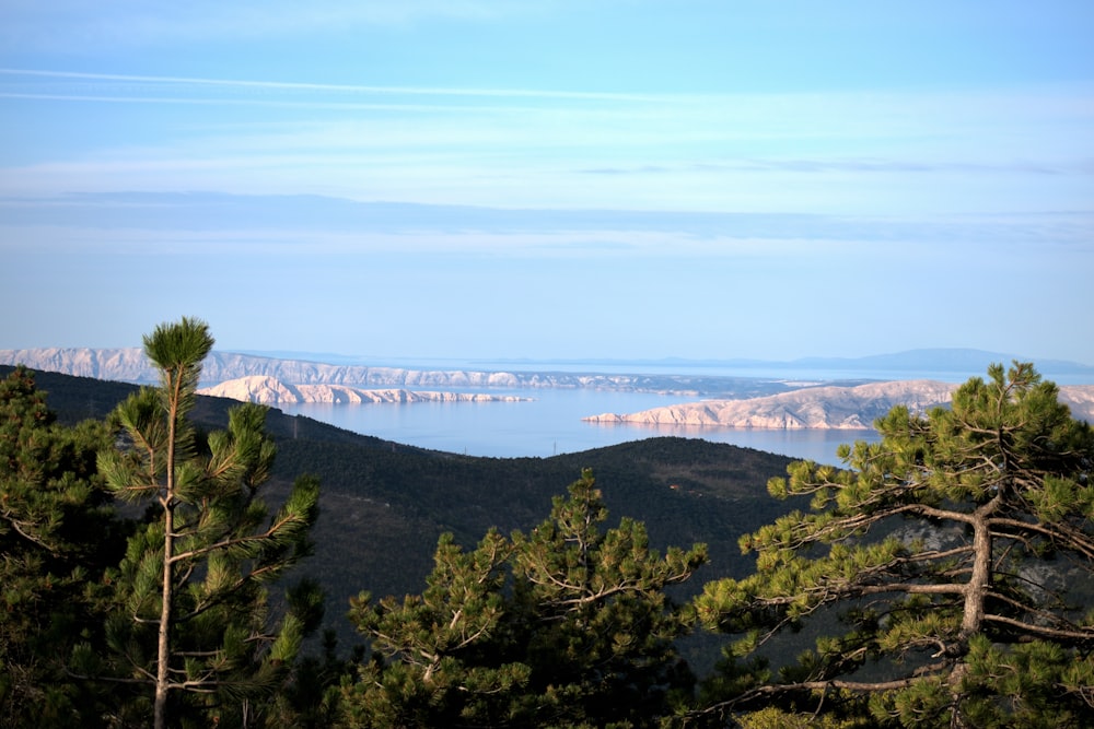 a view of a lake and mountains from the top of a hill